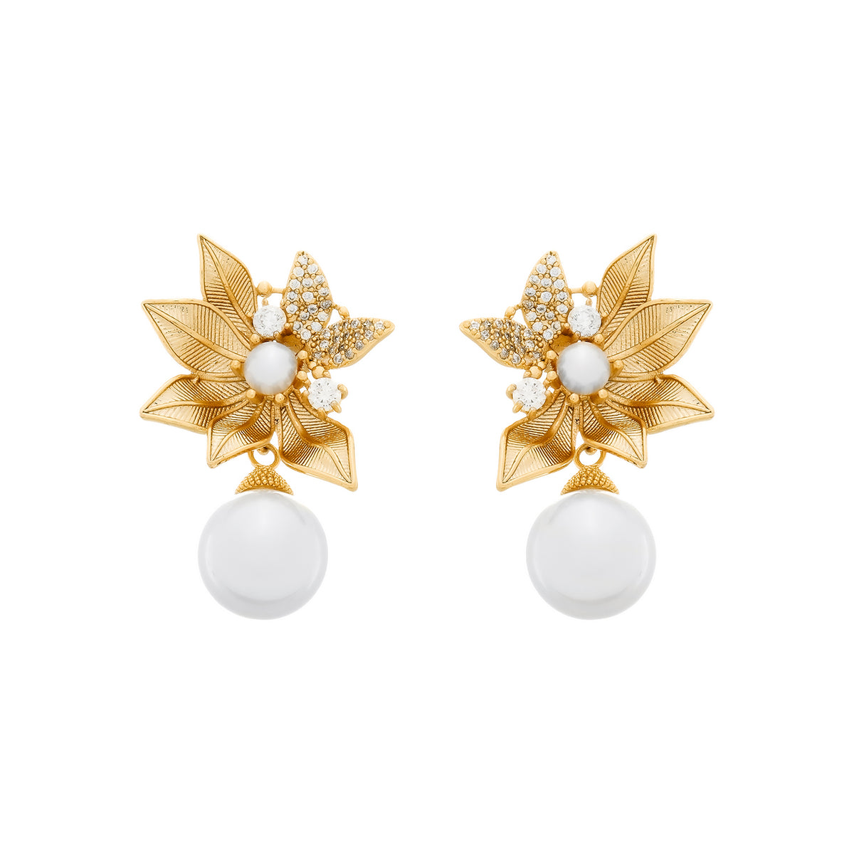 Brinco Greta Folhas em Zircônia e Pérolas Dourado