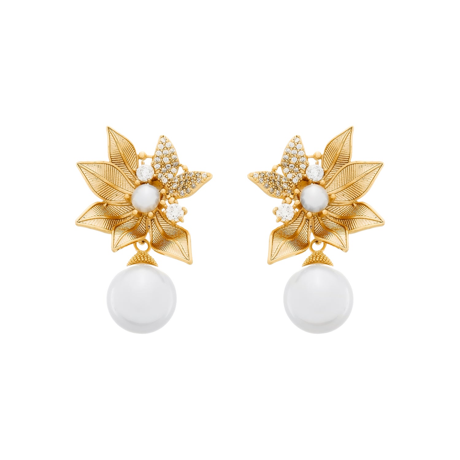 Brinco Greta Folhas em Zircônia e Pérolas Dourado