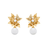 Brinco Greta Folhas em Zircônia e Pérolas Dourado