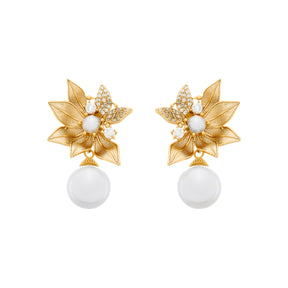 Brinco Greta Folhas em Zircônia e Pérolas Dourado