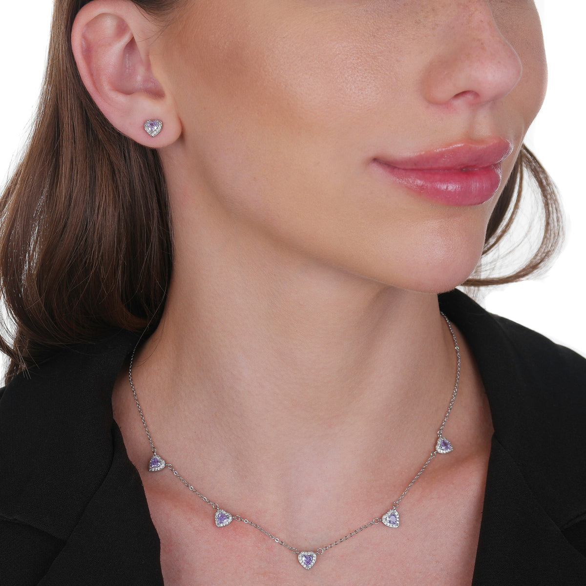 Conjunto Aurora Prateado de Coração Lilás Cravejado de Zircônia