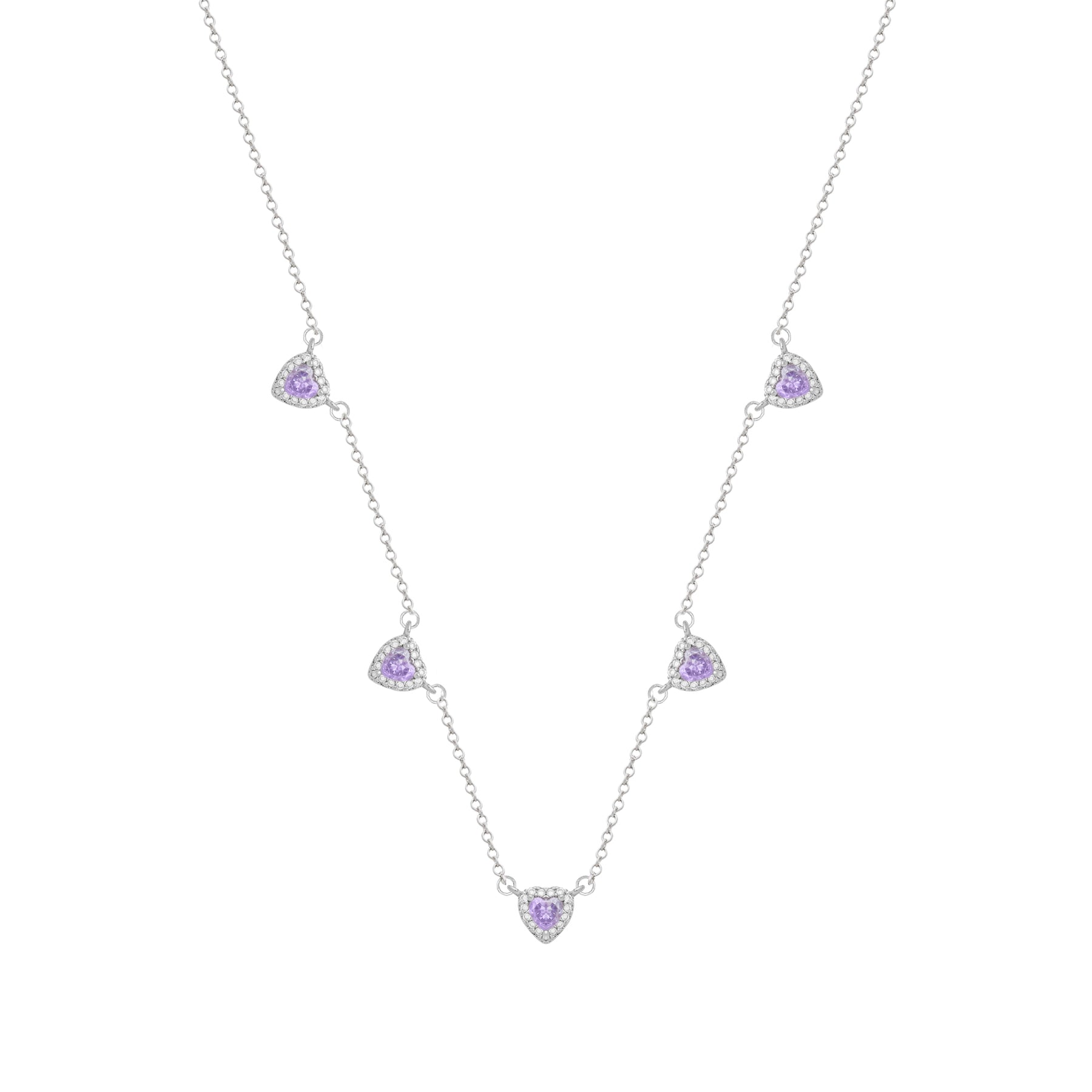 Conjunto Aurora Prateado de Coração Lilás Cravejado de Zircônia