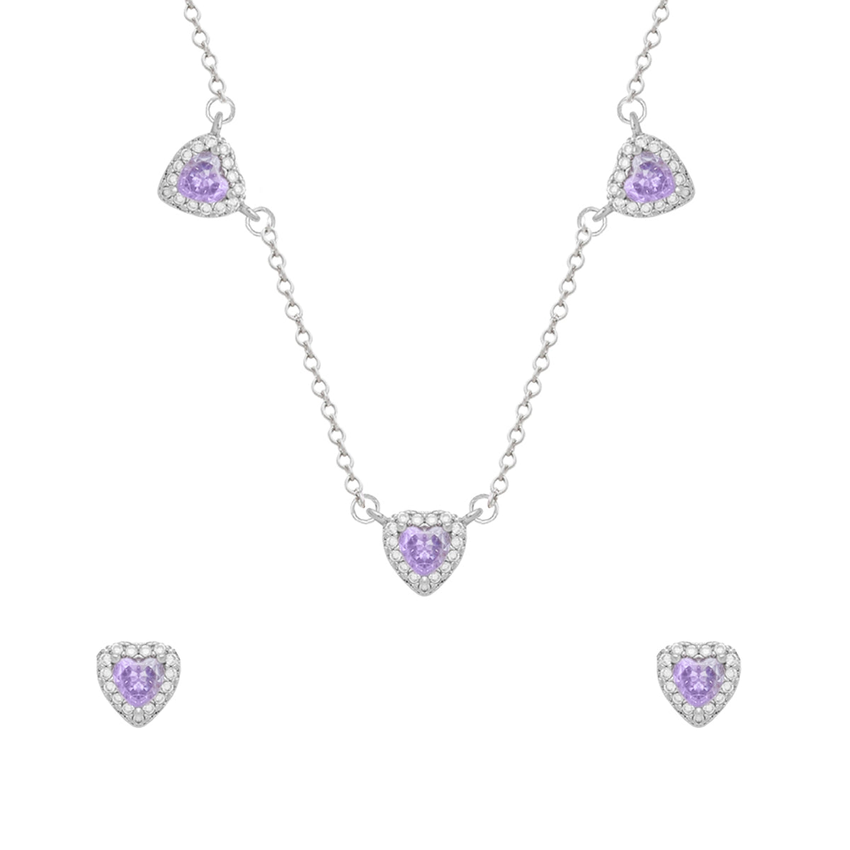 Conjunto Aurora Prateado de Coração Lilás Cravejado de Zircônia