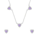 Conjunto Aurora Prateado de Coração Lilás Cravejado de Zircônia
