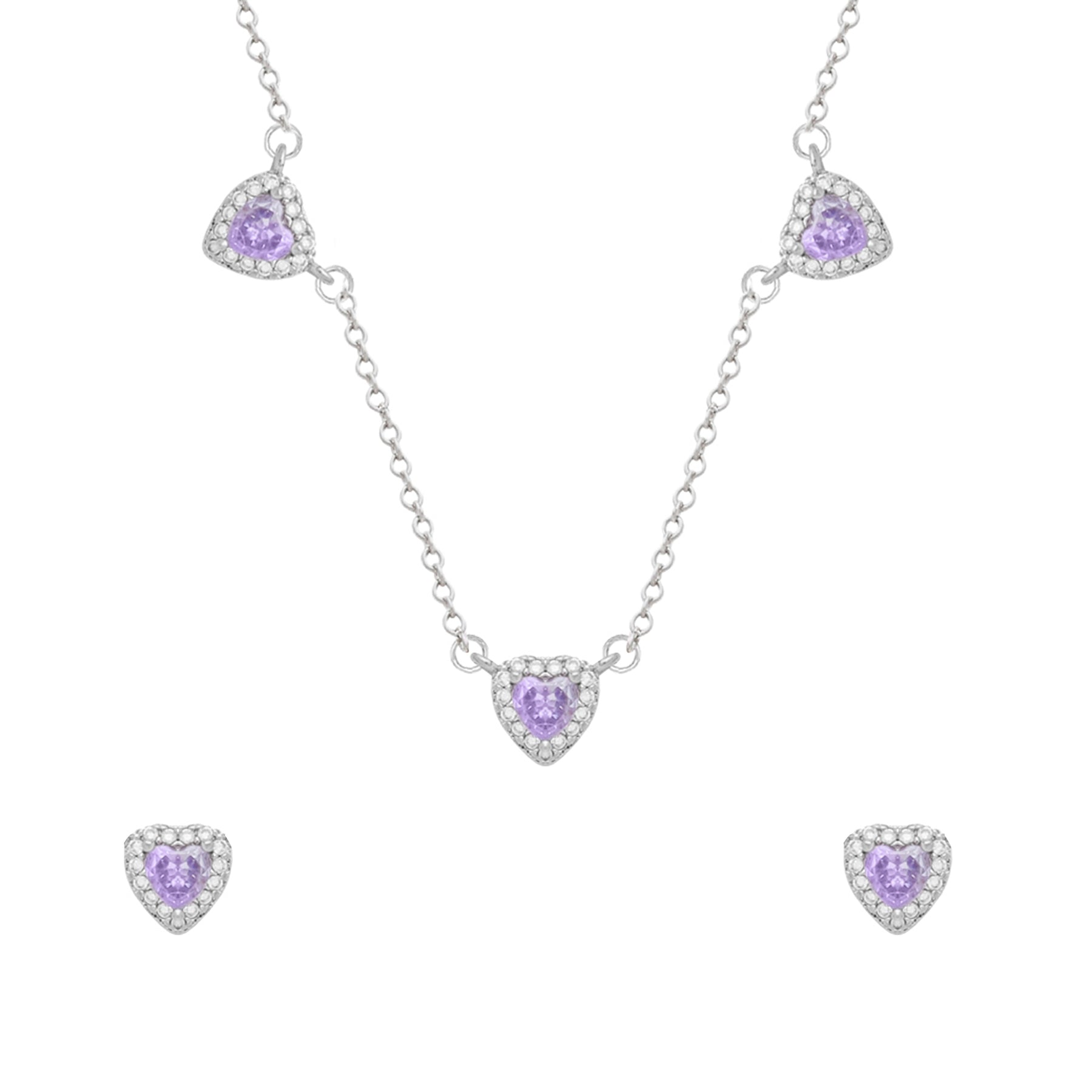 Conjunto Aurora Prateado de Coração Lilás Cravejado de Zircônia