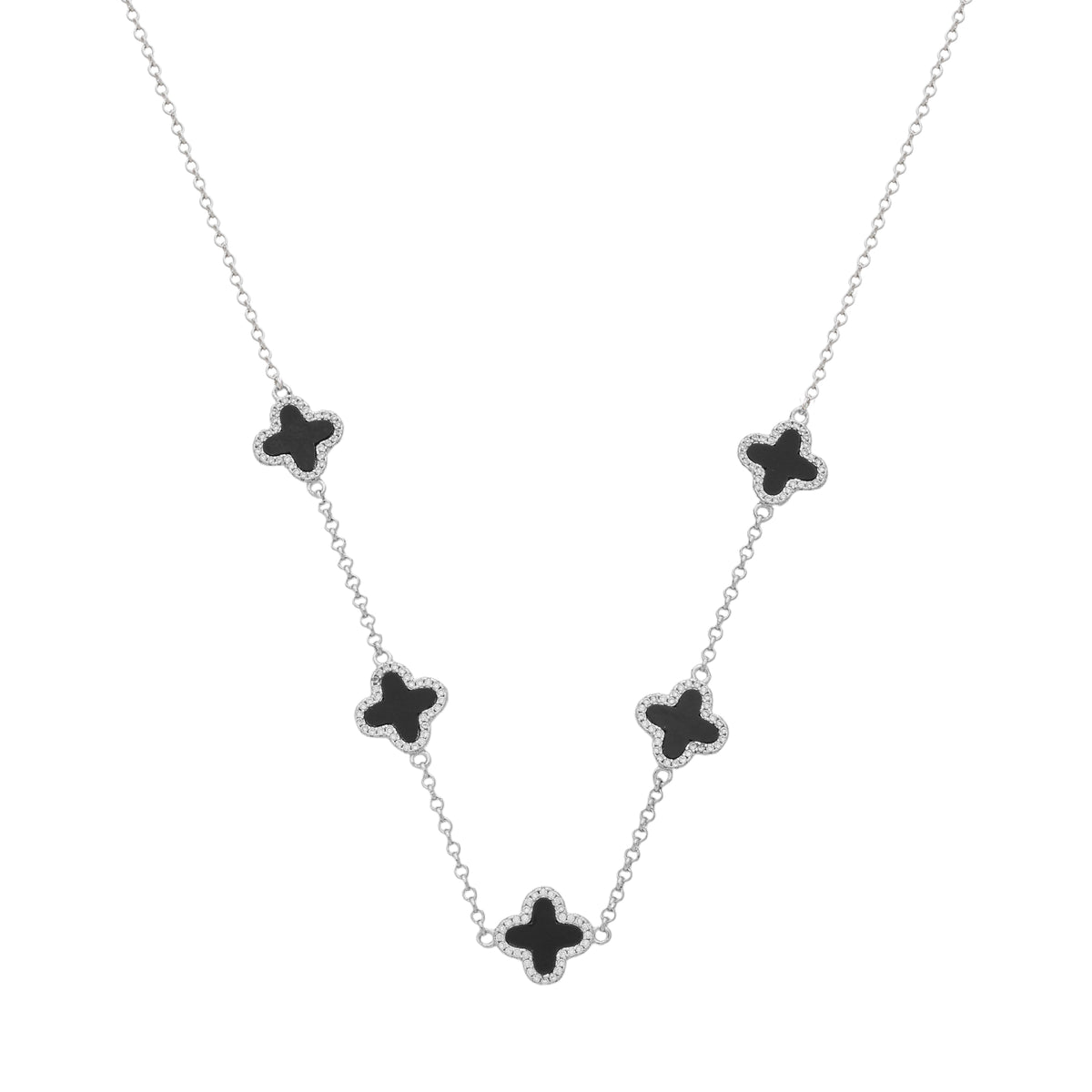 Colar Aurora Prateado de Trevos Pretos Cravejados de Zircônia
