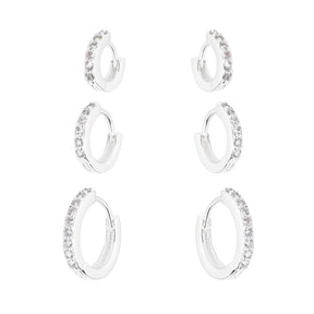 Trio de Argolas Cravejadas de Zircônias em Prata 925