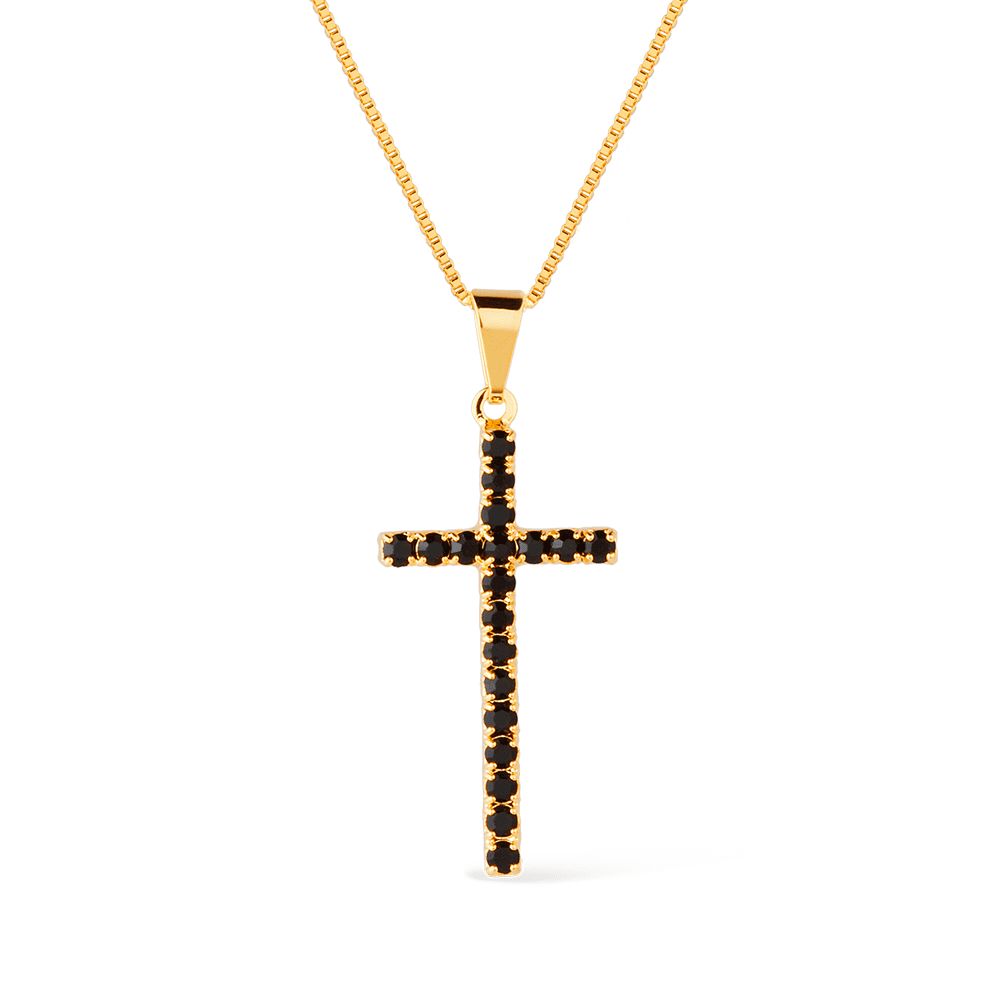 Colar Aurora  Dourado de Cruz Cravejado de Pedra Natural Negra