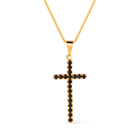 Colar Aurora  Dourado de Cruz Cravejado de Pedra Natural Negra