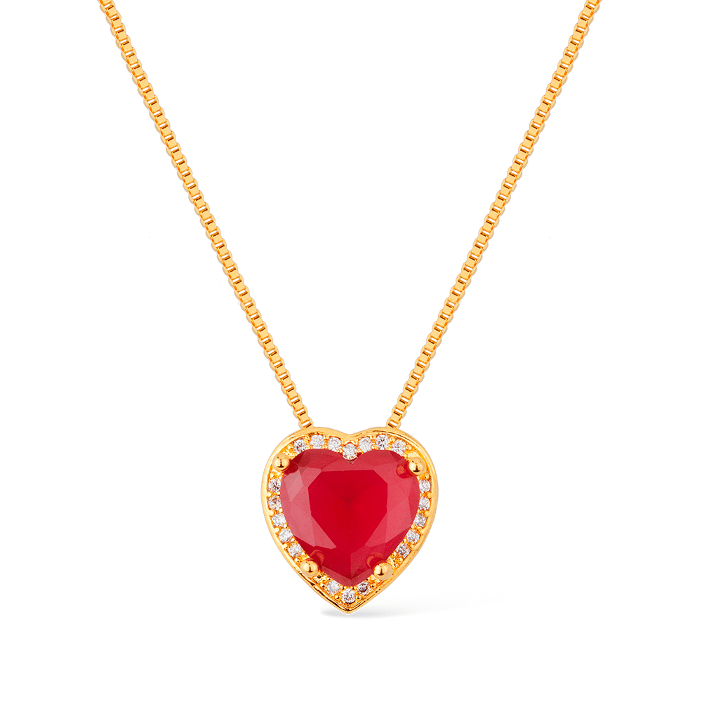 Colar Passion Dourado Zircônia Vermelha Coração Cravejado de Zircônia