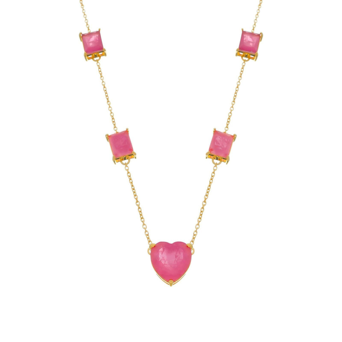 Colar Aurora Dourado de Pedras Coração e Retângulos Rosas