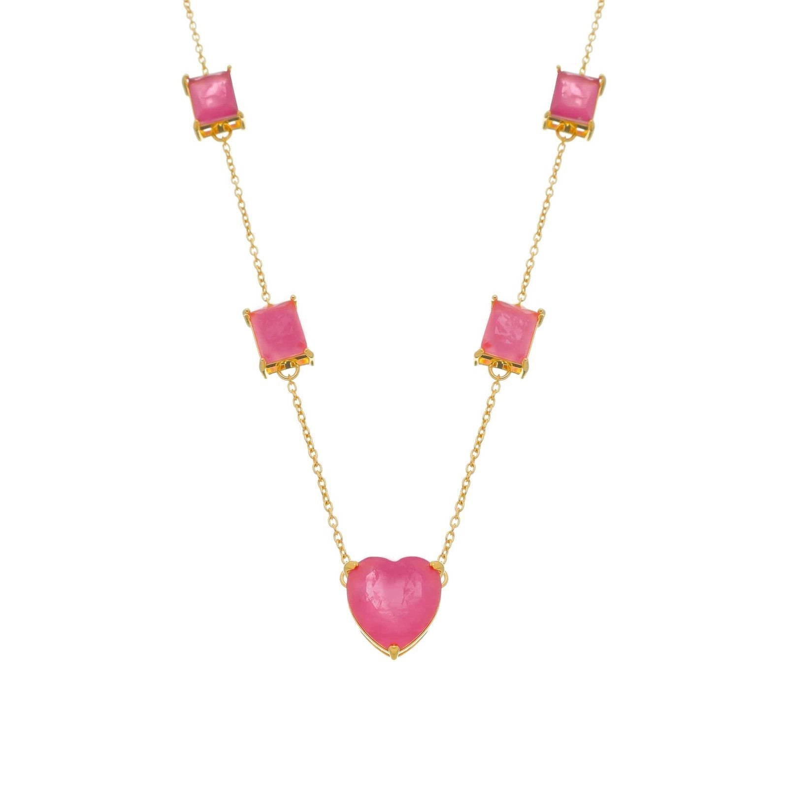 Colar Aurora Dourado de Pedras Coração e Retângulos Rosas