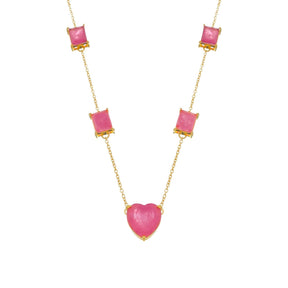 Colar Aurora Dourado de Pedras Coração e Retângulos Rosas